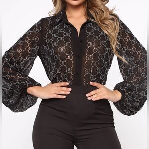 NEW Black Rhinestone Embellished Blouse Long Balloon Sleeve Shirt ButtonUp Sheer